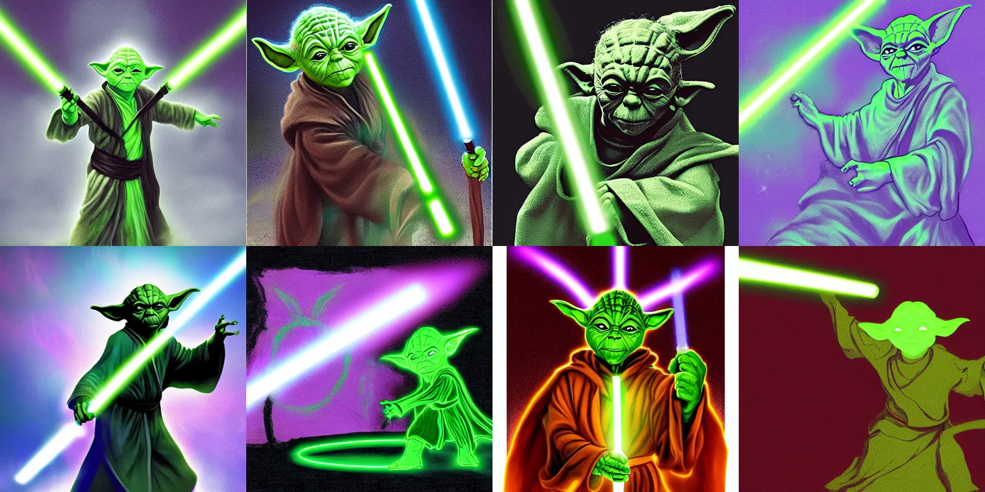 Prompt: digital art of Yoda Jedi Master in battle, light-saber drawn, glowing light in the darkness, a true hero fights with purpose