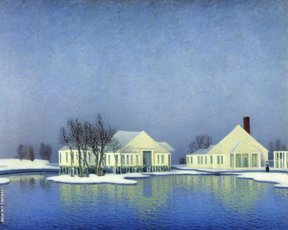 Image similar to achingly beautiful painting of a sophisticated, well - decorated pool house in winter by rene magritte, monet, and turner.