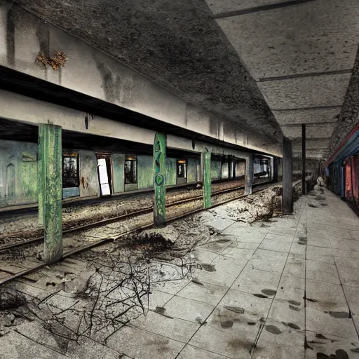 Image similar to An abandoned post apocalyptic subway station with an old decaying train, overgrown, sunlight, concept art, award winning