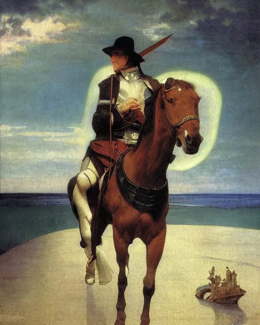 Image similar to Magician riding a horse leaving the castle through the bridge, thunderstorm, beach ocean on the background major arcana sky, by paul delaroche, alphonse mucha, arnold böcklin,hyperrealistic 8k, very detailed, portrait