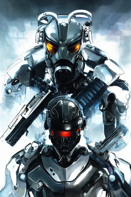 Image similar to cyber cyborg ninja mask helmet metal gear solid artic suit swat commando, global illumination ray tracing hdr fanart arstation by sung choi and eric pfeiffer and gabriel garza and casper konefal, a spectacular view cinematic rays of sunlight comic book illustration, by john kirby