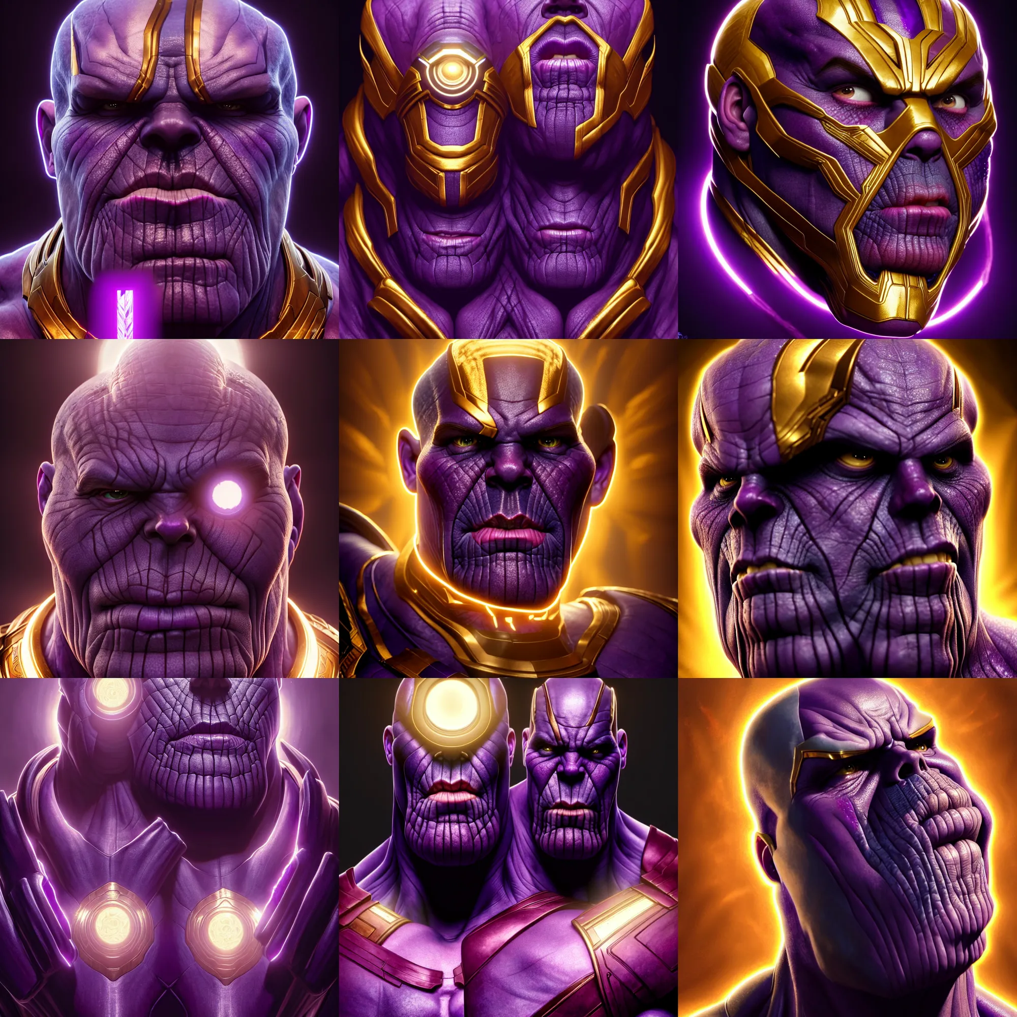 Prompt: epic professional symmetrical digital art of thanos accent lighting, painted, intricate, detailed, cheery, fun, effervescent, by roberto ferri, epic, stunning, gorgeous, much wow, much detail, cinematic, masterpiece, unreal engine render
