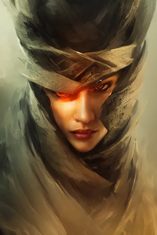 Image similar to powerfull and fierce ninja, close - up portrait, fierce, intricate, elegant, volumetric lighting, scenery, digital painting, highly detailed, artstation, sharp focus, illustration, concept art, ruan jia, steve mccurry