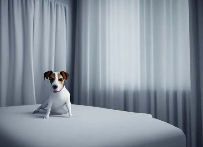 Prompt: photography of a Jack Russel . watching outside the window. on a bed .in a 3d rendered white room. octane render, 3d, foggy, volumetric light, volumetric fog, photorealistic, unreal engine 5, award winning photo, 100mm, sharp, cloth, high res