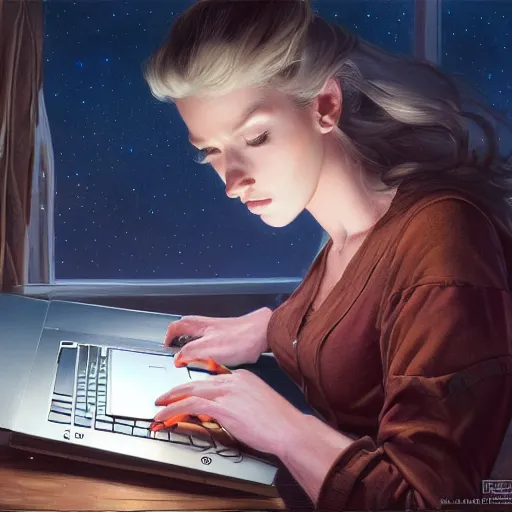 Image similar to a full shot of nice girl working on her laptop at night, detailed, centered, digital painting, artstation, concept art, donato giancola, Joseph Christian Leyendecker, WLOP, Boris Vallejo, Breathtaking, 8k resolution, extremely detailed, beautiful, establishing shot, artistic, hyperrealistic, beautiful face, octane render