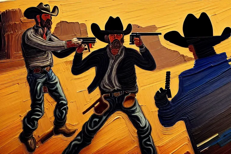 Prompt: an extremely detailed masterpiece painting of a cowboy gunslinger facing off a professional gunslinger from a low angle in tucson, in the style of frank auerbach, epic scene, tensive mood