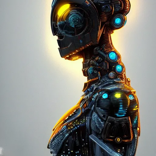 Prompt: sophisticated portrait of glowing, warm, atmospheric, misty, leds, futuristic cybernetic warrior alien in profile, highly intricate, detailed humanoid, trending on artstation