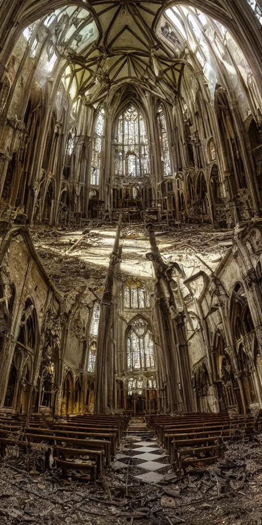 Image similar to Wide angle photograph of the inside of an abandoned cathedral, with a broken roof and overgrown with vines and bushes, cinematic lighting, sun shafts, shafts of light, God rays, upturned pews, upturned chairs, old books on floor, epic scene, dramatic lighting, evening light, sunset, golden hour, fuji velvia, Flickr, national geographic, taken by Daniel Kordan