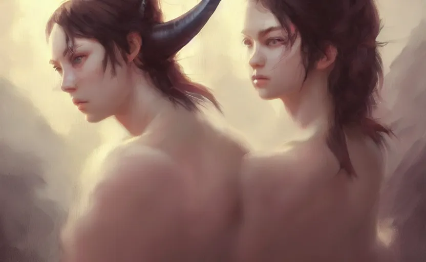 Image similar to a painting of aki trending on artstation in the style of greg rutkowski, beautiful, sensuality, natural skin, horns on head, long black hair