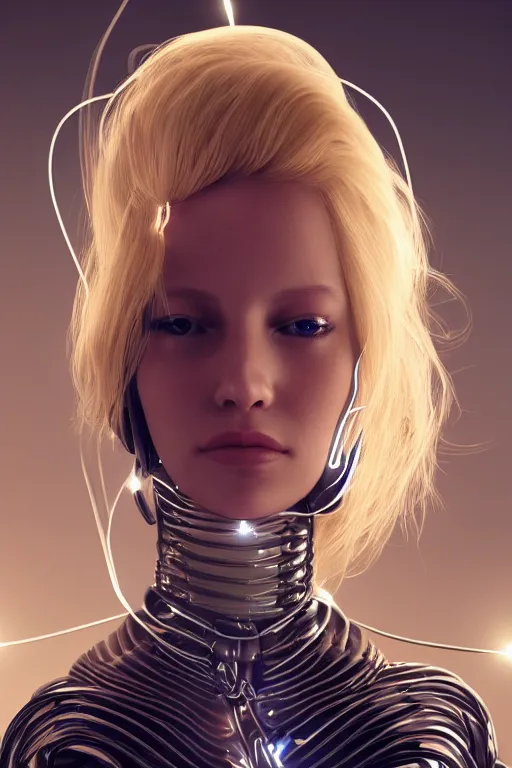 Image similar to a beautiful woman with blonde hair wearing robot suit with wires and light, highly detailed, photorealistic, artstation, smooth