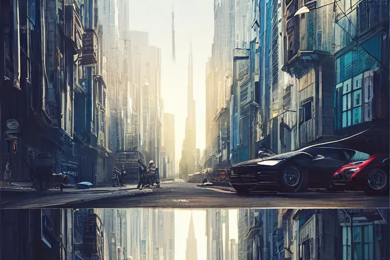 Image similar to urban street bended and transformed like in inception, highly detailed, photorealistic, reflections, smooth, sharp focus, concept art, illustration, beautiful, geometric, trending on artstation, cinematic, featured on behance , artwork by WLOP and Tran, Ross