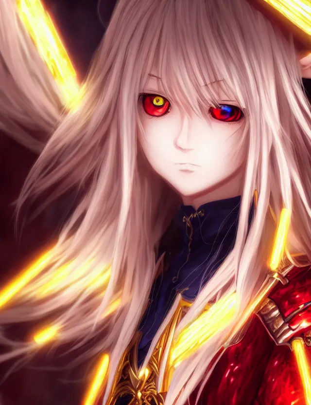 Image similar to an anime portrait of a blonde vampire girl with glowing red eyes in gold plated armour, trending on artstation, digital art, 4 k resolution, detailed, high quality, sharp focus, hq artwork, coherent, insane detail