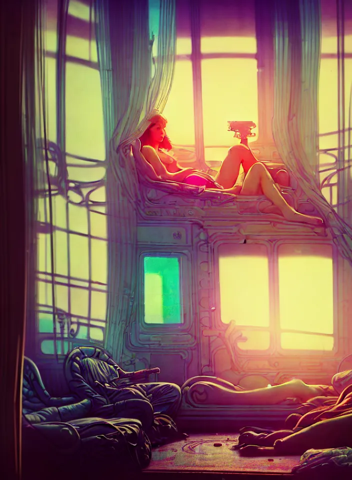 Prompt: telephoto 7 0 mm f / 2. 8 iso 2 0 0 photograph depicting the feeling of chrysalism in a cosy safe cluttered french sci - fi ( ( art nouveau ) ) cyberpunk apartment in a pastel dreamstate art cinema style. ( person relaxing living room near ) ( ( fish tank ) ), ambient light.