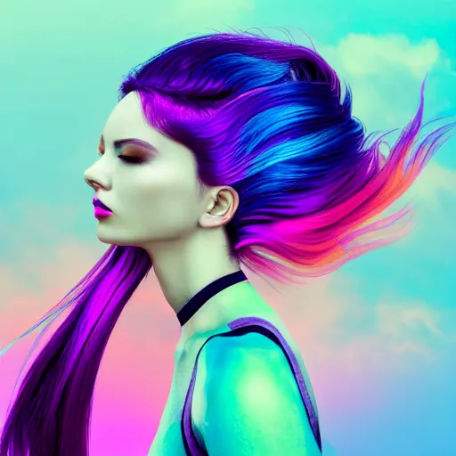 Image similar to a award winning half body portrait of a beautiful woman in a croptop with a ombre purple pink teal hairstyle with head in motion and hair flying, outrun, vaporware, vivid colors, highly detailed, fine detail, intricate