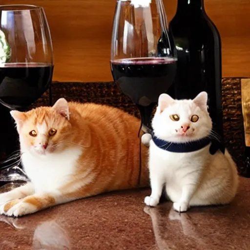 Image similar to chonky cats living lavish life drinking wine eating at the restaurant