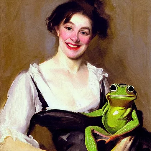 Image similar to a painting of a smiling lady with her giant pet frog, by john singer sargent,