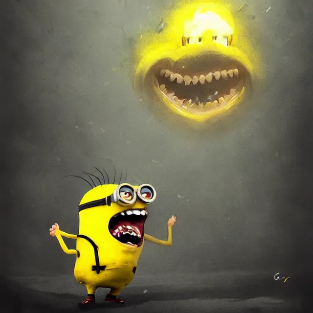Prompt: a terrifying yellow minion shrieking and gnashing its teeth, digital art by greg rutkowski