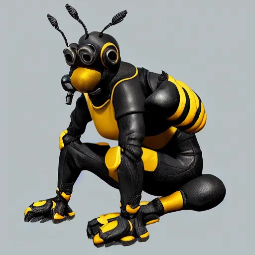 Image similar to a bee squatting in knee pads, extremely detailed, digital painting, sculpted in zbrush, artstation, concept art, smooth, sharp focus, illustration, chiaroscuro soft lighting, golden ratio, rule of thirds, fibonacci, lots of reflective surfaces, subsurface scattering