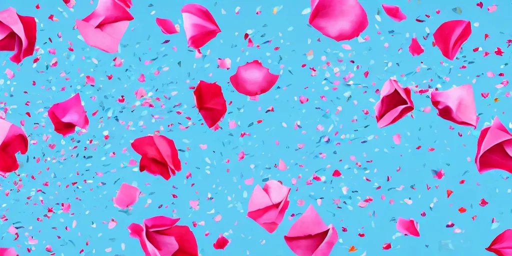 Image similar to background art of spaciously scattered flower petals flowing and floating through the blowing swirling directional wind from left to right on a simple cloudy blue sky background, large individual rose petals, angular background elements, polygonal fragments, anime, artgerm, manga, trending on artstation, art nouveau, mature color scheme