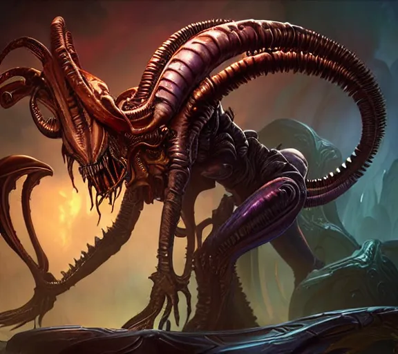 Image similar to ridley scott xenomorph alien queen, whimsical, dungeons and dragons, league of legends splash art, heroes of the storm splash art, hearthstone splash art, world of warcraft splash art, overwatch splash art, art by artgerm, art by alphonse mucha, intricately detailed, highly detailed, trending on artstation, 4 k, wallpaper