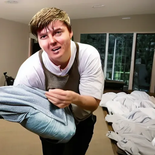 Image similar to mr beast enthusiastically filling a house with dead bodies