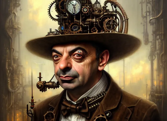 Image similar to steampunk portrait of rowan sebastian atkinson, fractal background, by tomasz alen kopera and peter mohrbacher