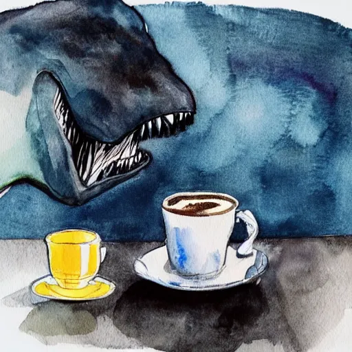 Image similar to a t-rex drinking from a cup of coffee on a sunny day, water color painting, bright, beautiful