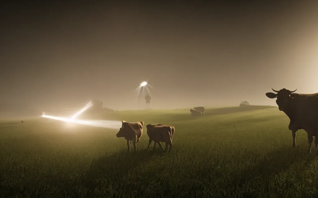 Prompt: alien ufo picking up cow with beam of light in farm, atmospheric, mist, epic, photorealistic, realistic, rule of thirds, extremely detailed, 4 k, 8 k, unreal engine 5 render, rim lighting, rtx, ray traced lighting, shot on 3 5 mm, film grain