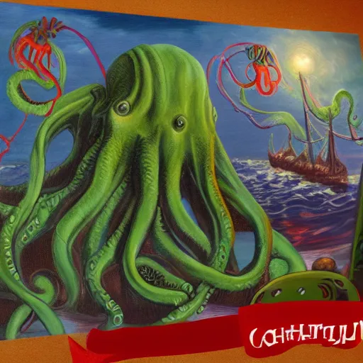 Prompt: cthulhu's birthday party, 4k, oil painting, trending on artstation -6