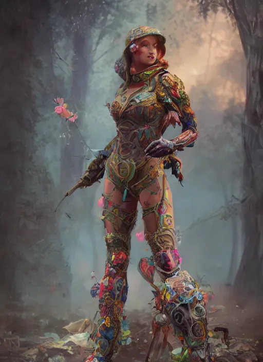 Image similar to detailed full body concept art illustration colorful oil painting of a beautiful 3d render of a female huntress in full intricate clothing, ultra detailed, digital art, octane render, 4K, dystopian, micro details, hyper realistic