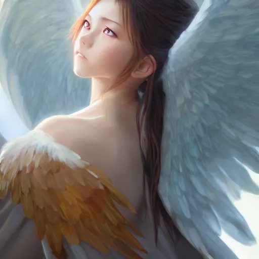 Image similar to an oil painting of a beautiful anime girl with angel wings, by artgerm, wlop and greg rutkowski, hd, hdr, ue 5, ue 6, unreal engine 5, cinematic 4 k wallpaper, 8 k, ultra detailed, high resolution, artstation, award winning