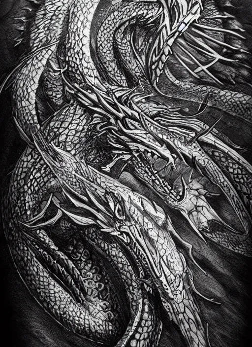 Prompt: highly detailed picture of great dragon, sketch tattoo, dark, black theme, japan style, highly detailed, masterpiece, trending on artstation, golden ratio, cinematic romantic magical, perfect intricate