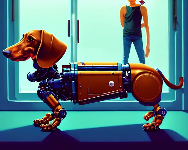 Prompt: portrait of mechanical robotic dachshund, hyper - realistic, gta v cover art, celshading, sharp focus, intricate, detailed, rhads, andreas rocha, makoto shinkai, lois van baarle, ilya kuvshinov, greg rutkowski, dynamic lighting, grunge aesthetic, 4 k