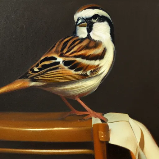 Image similar to an oil paiting of a sparrow perched on a chair, highly detailed, oleo, artstation, sharp focus, by diego velazquez
