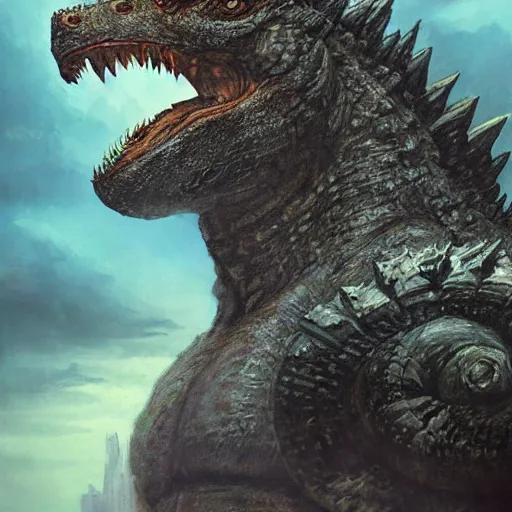 Image similar to front portrait of godzilla 2 0 1 4 by greg rutkowski, movie art