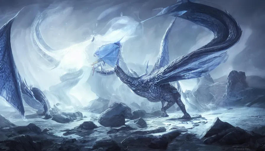 Image similar to epic ice dragon with trendy shapes in a nordic landscape under aurora and stars, set in the words of the Forgotten Realms and Guildwars2, painted by Hans Fredrik Gude, Greg Rutkowksi and Artgerm, concept art 2022, ultra realistic masterpiece