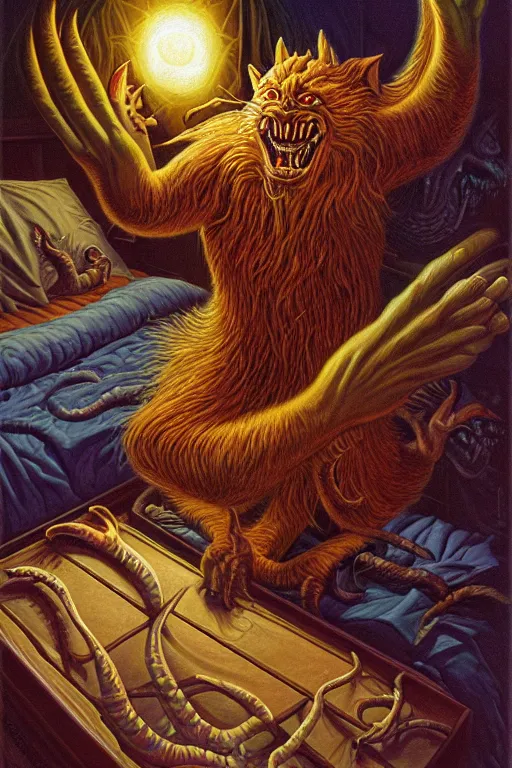 Prompt: classic oil painting, an eldritch furry troll with huge claws that is hiding under the bed, inside a cluttered bedroom, cottagecore, highly detailed, digital illustration, concept art, smooth, sharp focus, art by tim hildebrandt, and alex grey