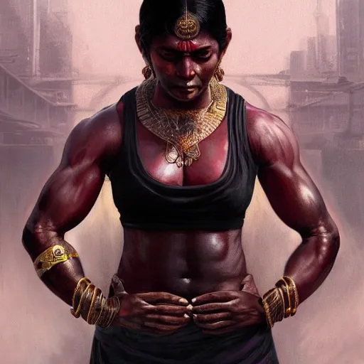 Prompt: painting of a black muscular bloodied indian middle aged woman doing push ups, ultra realistic, concept art, intricate details, highly detailed, photorealistic, octane render, 8 k, unreal engine. art by artgerm and greg rutkowski and alphonse mucha