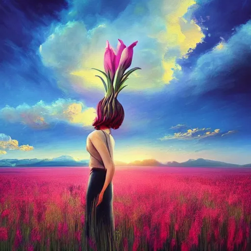 Image similar to giant gladiola flower as head, full body girl standing in a flower field, surreal photography, sunrise, dramatic light, impressionist painting, colorful clouds, digital painting, artstation, simon stalenhag