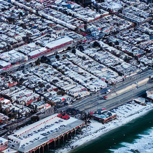 Prompt: santa monica pier covered in snow, aerial photo, sigma 2 4 mm