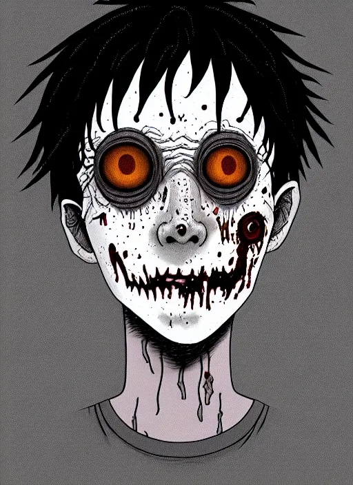 Prompt: junji ito style portrait of zombie teenage jughead jones wearing a light grey crown, zombie, crown, rotting skin, blind eyes, white eyes, crown, black hair, intricate, highly detailed, illustration, art by junji ito