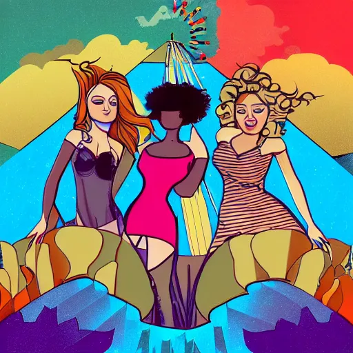 Image similar to illustration of a pop rock music group named'shiny souls'with two woman singers with blonde hair and one woman singer with brown curly hair singing in front of the crowd in a stadium, firework in background, aerial view, digital art