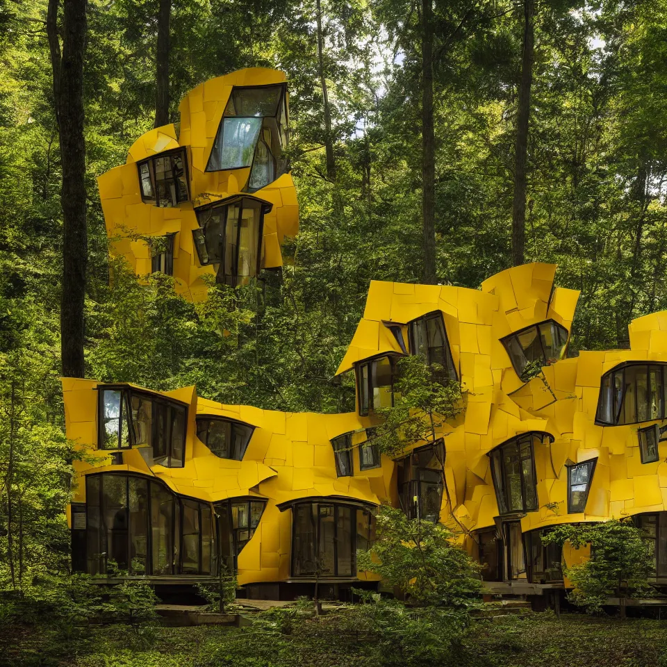 Image similar to a small flat house in the forest, designed by Frank Gehry. Big Tiles. Film grain, cinematic, yellow hue