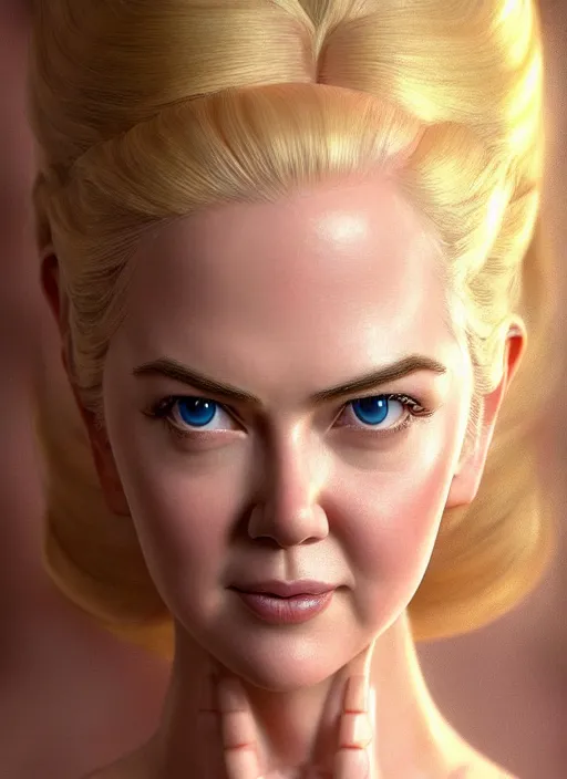 Prompt: polished sweaty princess peach : : young nicole kidman face : : kate upton body : : weta disney pixar movie still portrait photo : : hi - fructose, straps, sci fi, fantasy, decadent highly - detailed digital painting, golden ratio, octane render, artstation, smooth, sharp focus, artgerm, mucha, loish, wlop : :