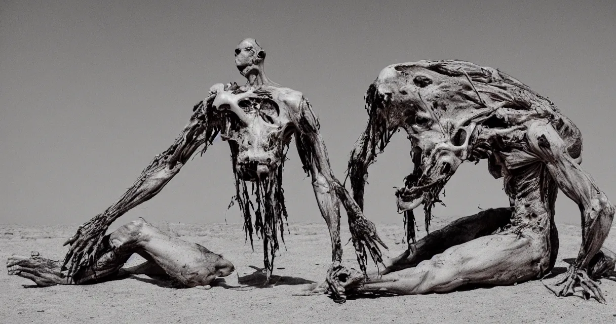 Prompt: in the desert a bloody gross horrifying creature made of muscle and bone and blood stares at the camera, eating, mid day, 35mm photography, realistic,