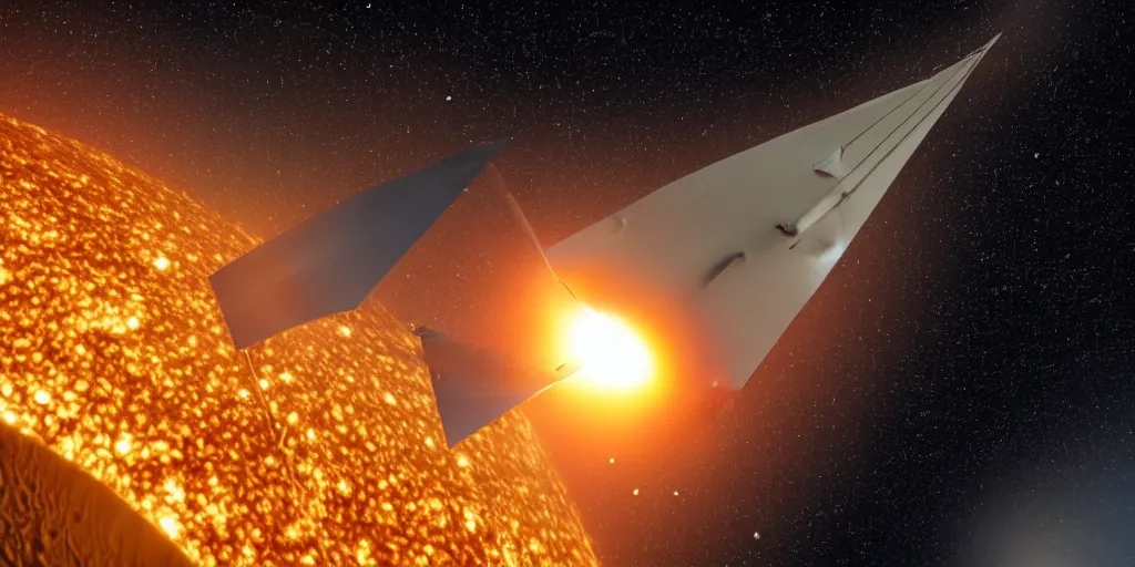 Image similar to medium close up of a solar sail probe entering a solar system carrying a dead alien. The probe is from an isolated star in a thick dust cloud, UE5, 8K, 4K