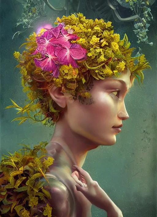 Image similar to a beautiful fine art portrait photo of a robot female cyborg, spread out curly hair covered by hibiscus, daffodils, hydrangea, montsera leaves by tom bagshaw and zach sutton, very detailed, bionic, cybernetic scifi, artstation, 8 k, holographic undertones, highly saturated colors