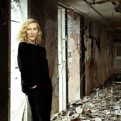 Image similar to photo of cate blanchett in an abandoned building, by Annie leibowitz, photorealisitc ,detailed