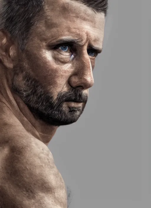 Image similar to a portrait picture of a stern looking middle - aged man, crew cut, brown hair, rugged looks, serious face, stubble, scar on the cheek, highly detailed, digital art, realistic, 4 k, studio lighting, trending on artstation