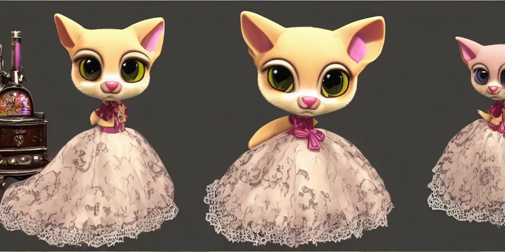 Image similar to 3 d littlest pet shop cat, vintage gothic gown, gumball machine, realistic fur, smiling, lace, master painter and art style of noel coypel, art of emile eisman - semenowsky, art of edouard bisson